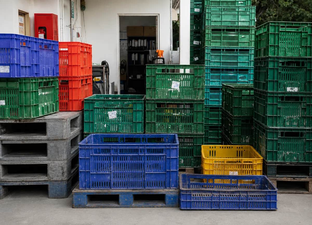 Cajas de plástico usadas apiladas
