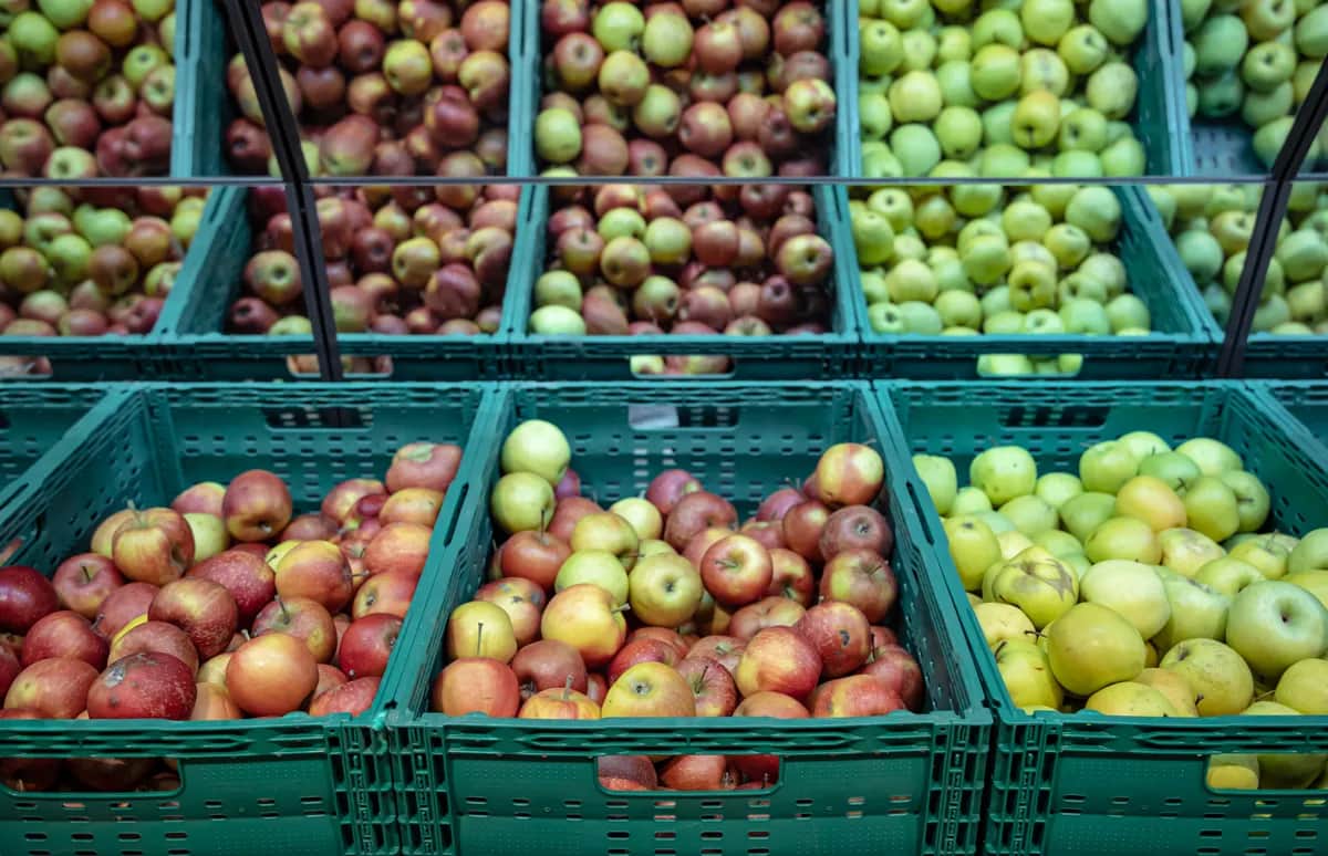 Manzanas en cajas de plástico apiladas